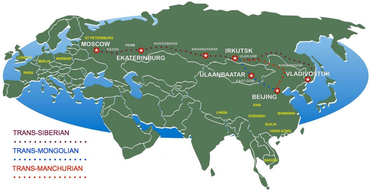 mapa de Moscova para vladivostok tren da ruta